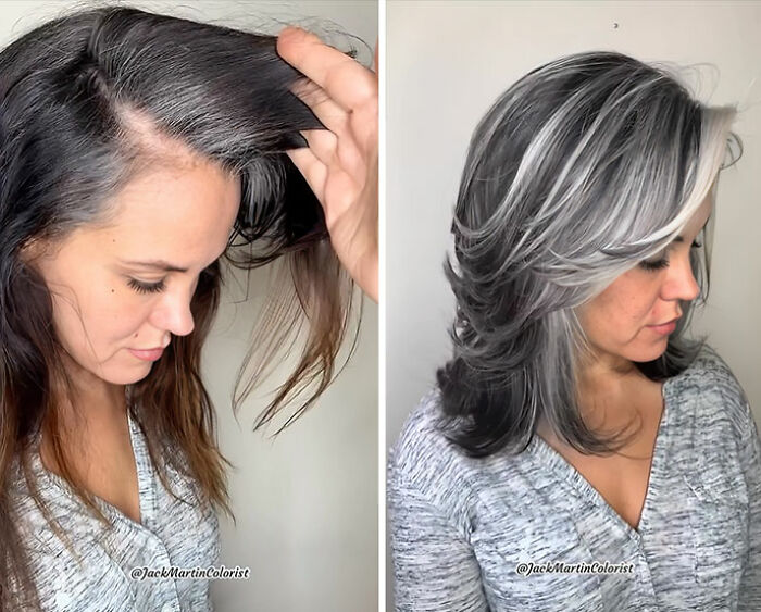 Woman's hair transformation embracing natural gray, before and after images showcasing stylish gray highlights.