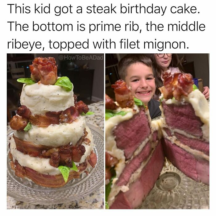Boy smiling with a steak layered cake; a humorous parenting meme from HowToBeADad on Instagram.