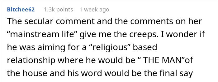 Comment discussing relationship dynamics and secular versus religious influences.