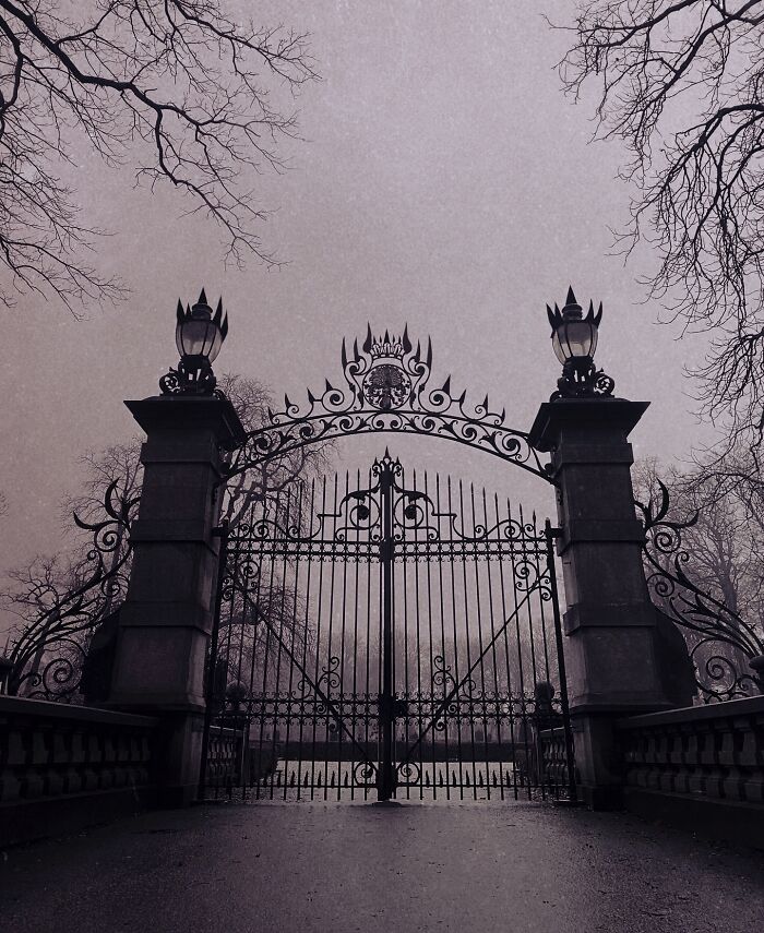 Gothic wrought iron gate under cloudy skies, showcasing dark escapism photography.