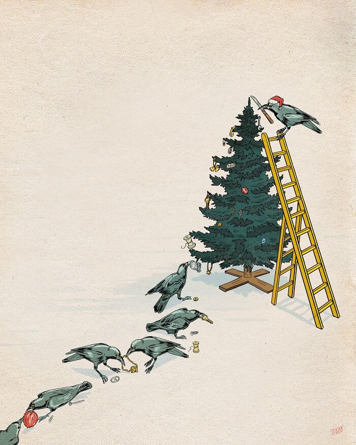 Birds decorating a Christmas tree, wearing a Santa hat, in a funny, vibrant illustration by María Jesús Contreras.