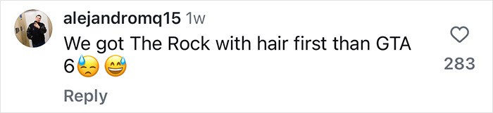 Comment referencing Dwayne Johnson's new look, comparing it humorously to a video game release.