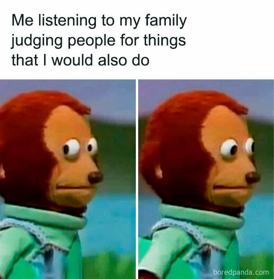 Monkey puppet side-eye meme captioned about family judging relatable situations.