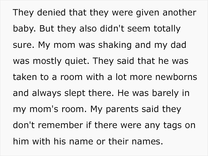 Text describing a family&rsquo;s confusion and uncertainty about a baby's identity in a room full of newborns.