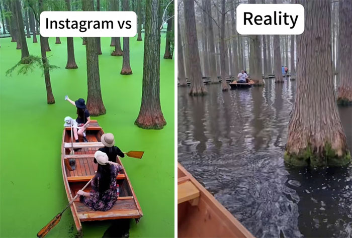 Insta vs. Reality: Two people in a canoe on vibrant green water versus murky, less ideal conditions.