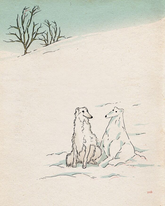 Illustration by María Jesús Contreras of a dog and polar bear sitting together in the snow.
