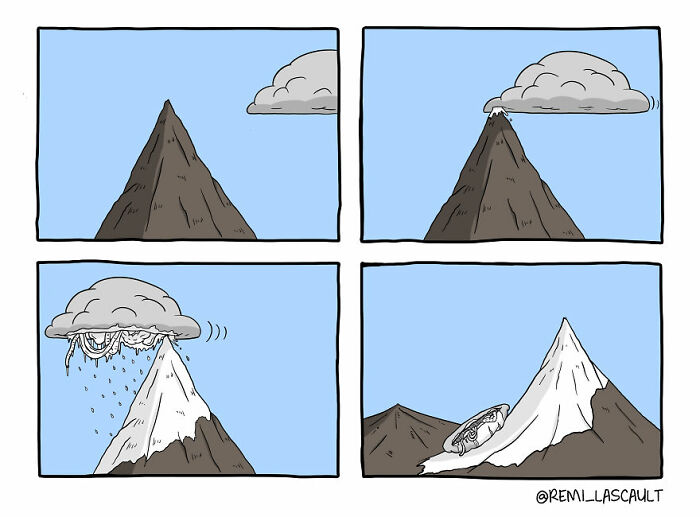 Comic panels showing a mountain melting its snowy peak as a cloud rains on it, dark twist in funny comic style.