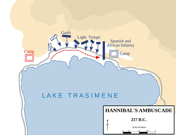 Map of Hannibal’s ambush at Lake Trasimene, 217 B.C., illustrating Roman Empire military tactics.