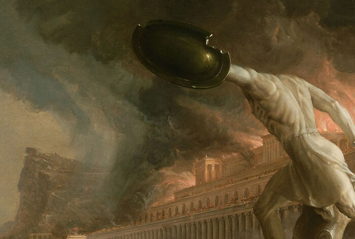 A dramatic depiction of Roman Empire ruins with a colossal figure amidst smoky skies.