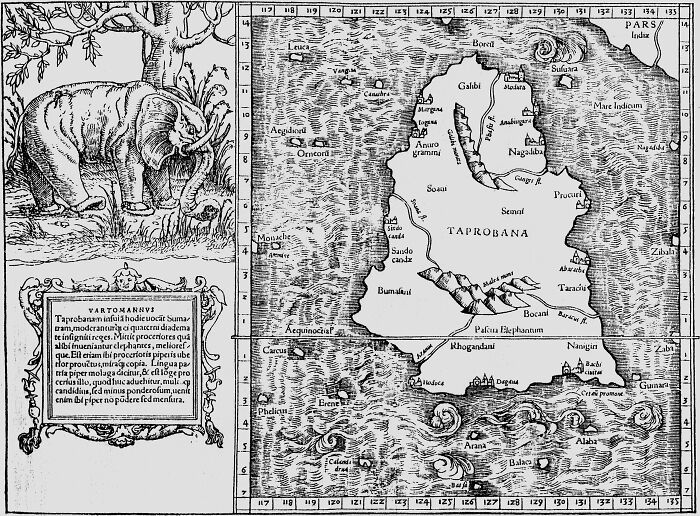 Historic map of Taprobana alongside Roman-era illustration of an elephant, showcasing Roman Empire cartographic artistry.