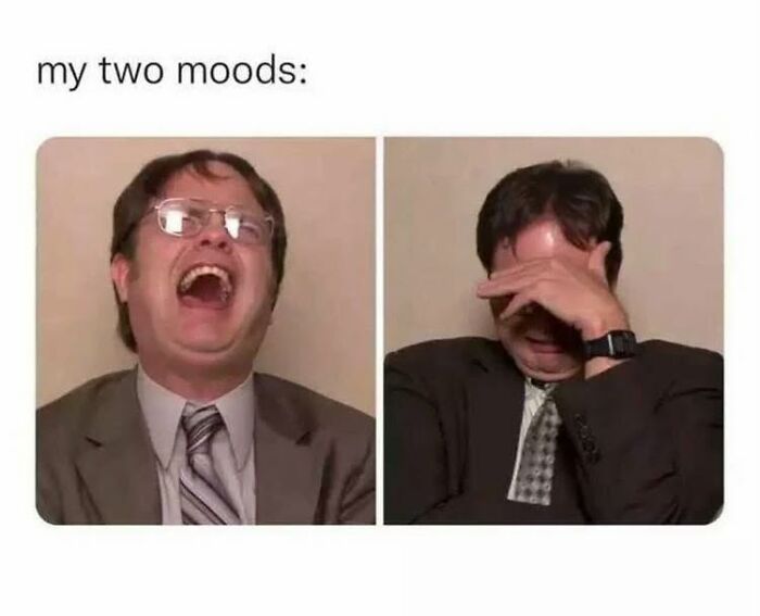 Man in glasses expressing two moods: laughter and facepalm, illustrating relatable meme humor.