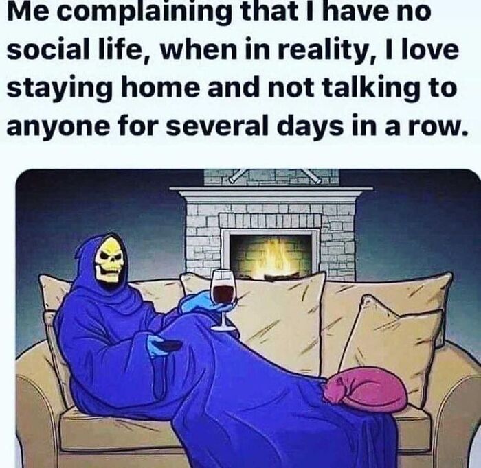 Skeletor in a robe on a couch, enjoying wine, humorously captioned with a relatable meme about enjoying solitude.