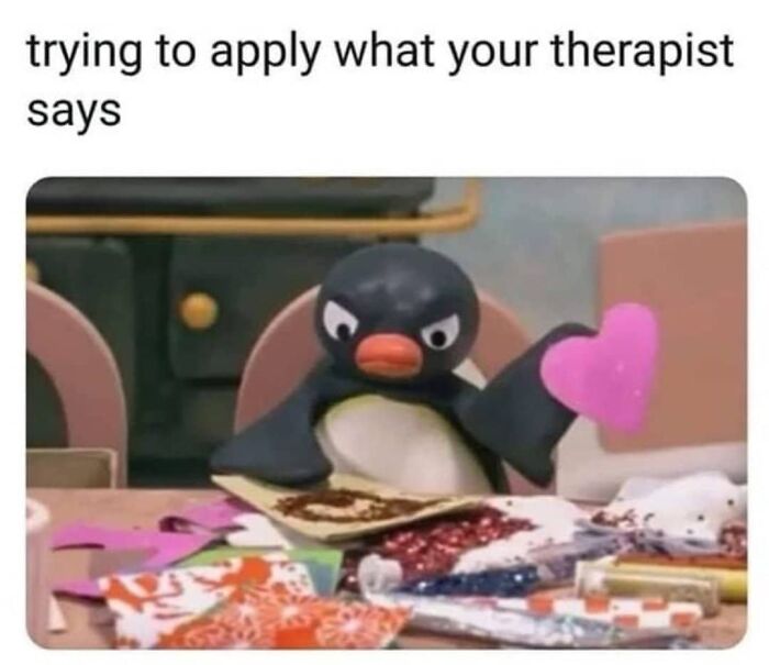 Cartoon penguin humorously crafting, surrounded by art supplies, illustrating relatable meme.
