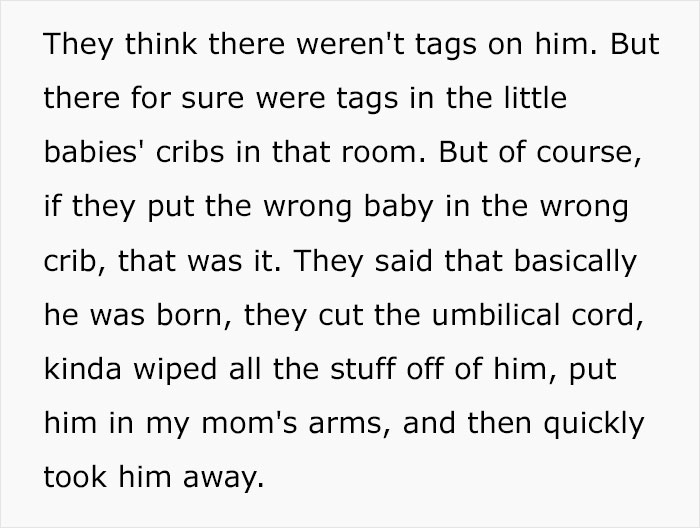 Text about family DNA mix-up, mentioning babies and crib tags in a maternity ward.