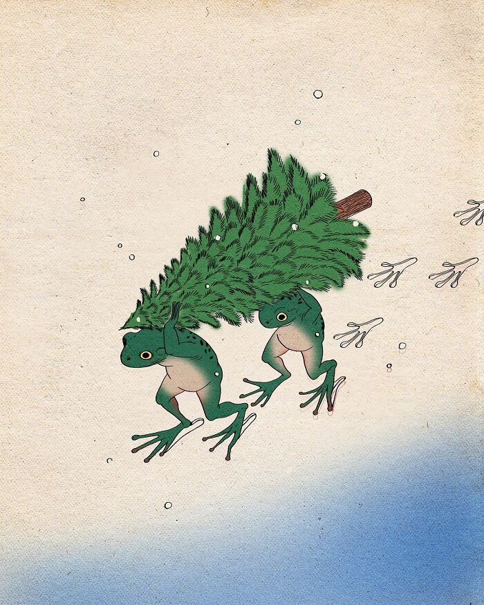 Frogs carrying a tree underwater in a vibrant illustration by María Jesús Contreras.