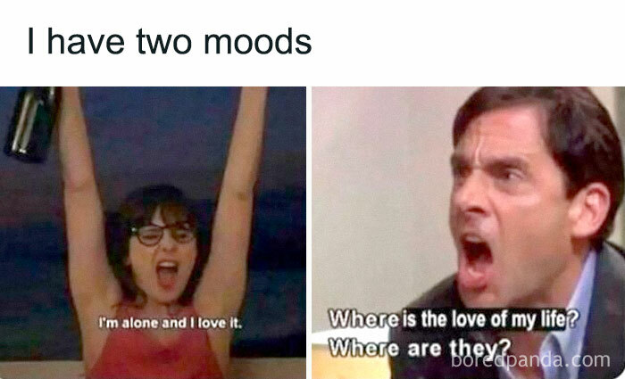 Two-panel meme: one person celebrating solitude, another desperately seeking love; highlights the philosophy of existence.
