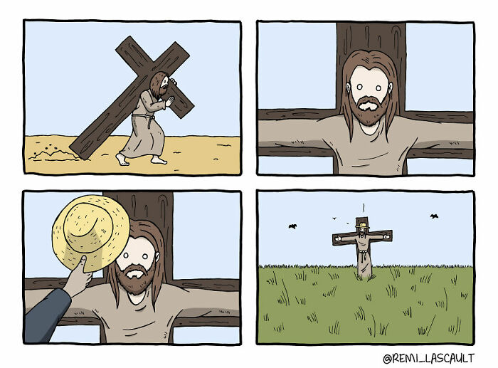 Comic strip with a dark twist showing a man carrying a cross, ending with a humorous unexpected moment.