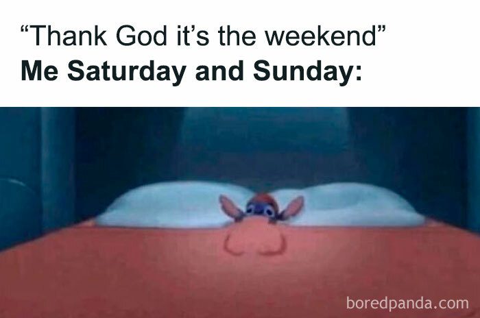 Cartoon character peeking from under blankets, capturing the funny essence of weekend memes.