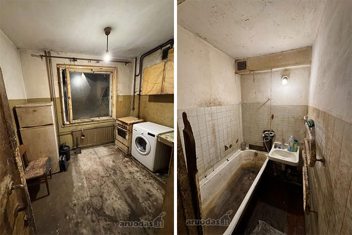 Dilapidated kitchen and bathroom in an old real estate property with worn appliances and grimy walls for sale.