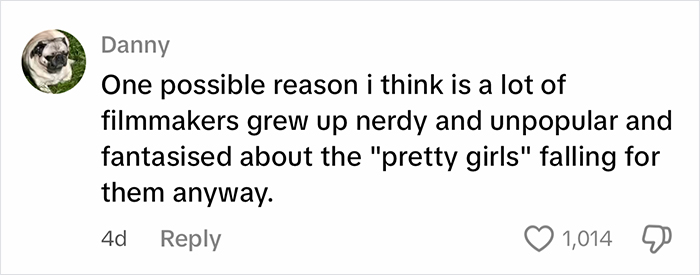 Comment about filmmakers exposing beauty standards in fairy tales, highlighting human female and male beast roles.