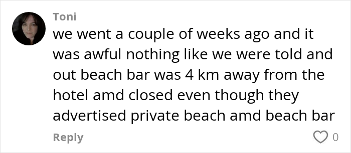 Comment about a 5-star resort in Turkey, mentioning false advertising of a private beach and beach bar. Comment about a 5-star resort in Turkey, mentioning false advertising of a private beach and beach bar.