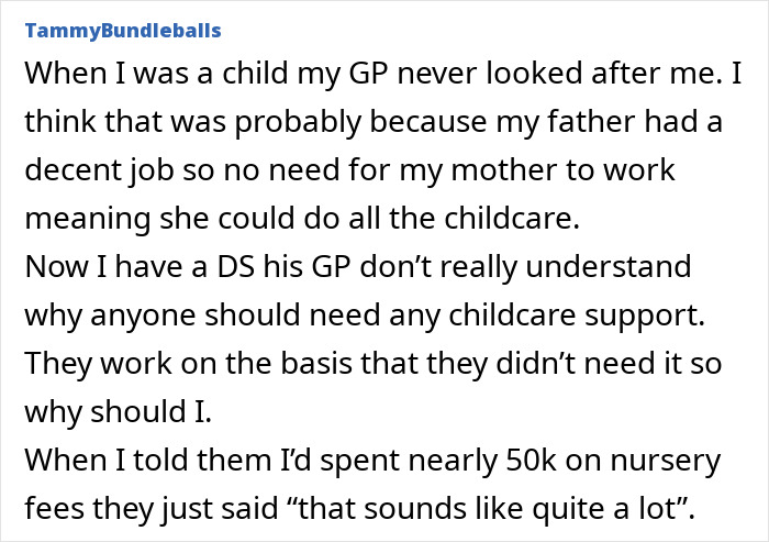 Text screenshot discussing modern grandparenting double standards in childcare support and nursery fees.