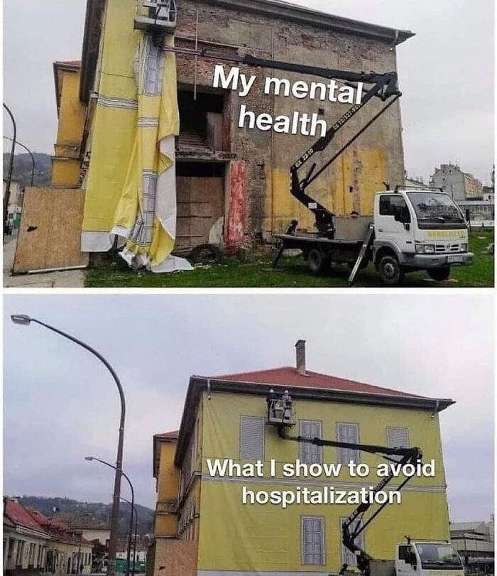 A building under renovation labeled as mental health; completed facade labeled to avoid hospitalization, showing relatable memes.