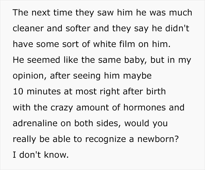 Text describing a shocking DNA discovery, questioning the ability to recognize a newborn baby.