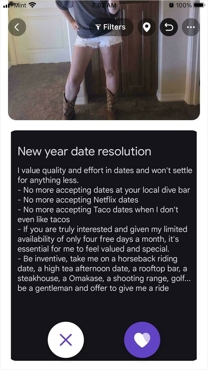 Woman in denim shorts and boots stands, text lists high standards for dating and desired activities like horseback riding.