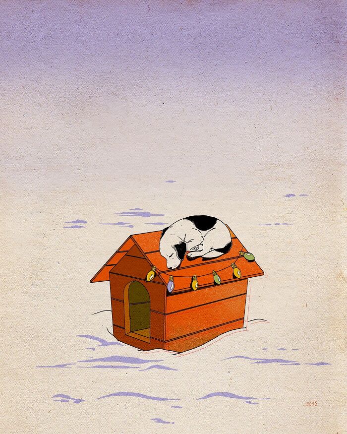 Illustration by María Jesús Contreras featuring a dog sleeping on a decorated doghouse roof.