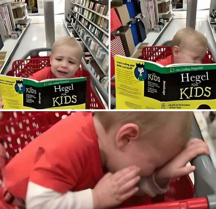 A child humorously reacts to a "Hegel for Kids" book in a store, capturing a lighthearted philosophy meme moment.