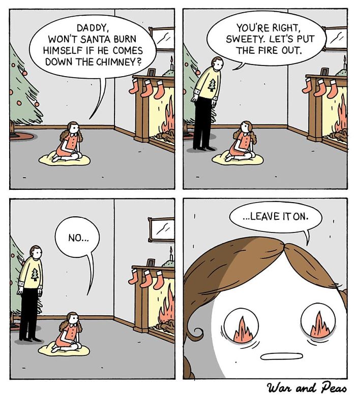 Comic panels showing a dark twist with a child asking about Santa and the fire, from funniest comics with dark twists.