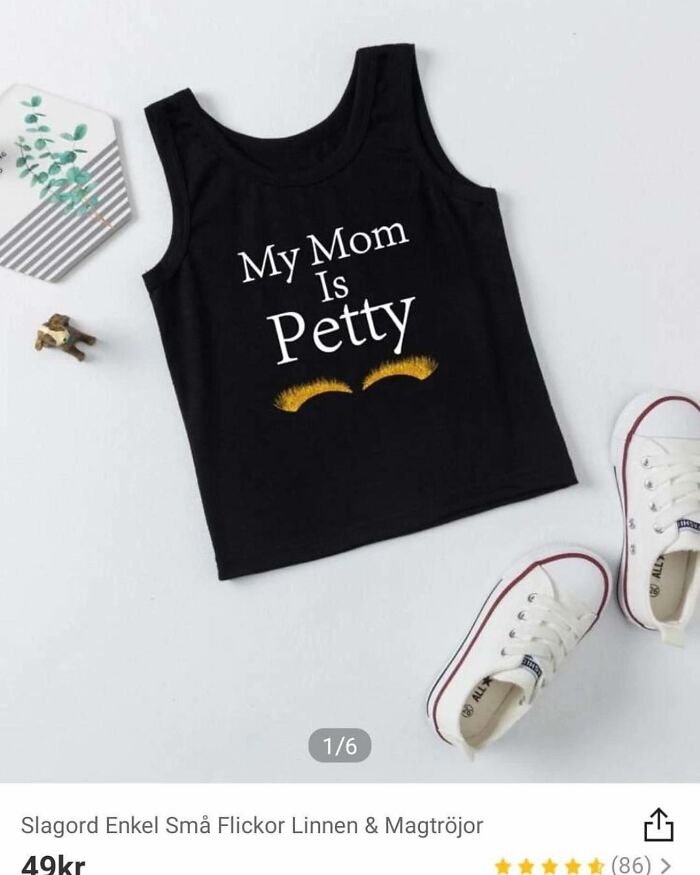 Black T-shirt with humorous text "My Mom Is Petty," illustrating translation humor.