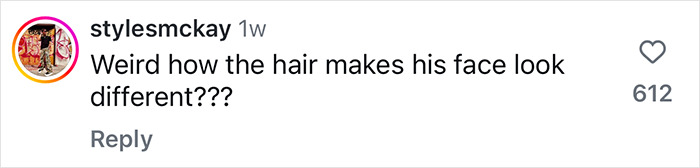 Comment on Dwayne Johnson&rsquo;s new look, saying "Weird how the hair makes his face look different???" with 612 likes.