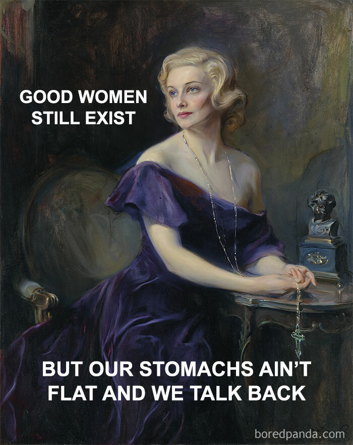 Classical painting turned meme with a woman in a purple dress, adding humor and modern context with text overlay.