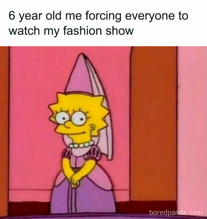 Cartoon character in a princess outfit humorously representing random childhood fashion shows.