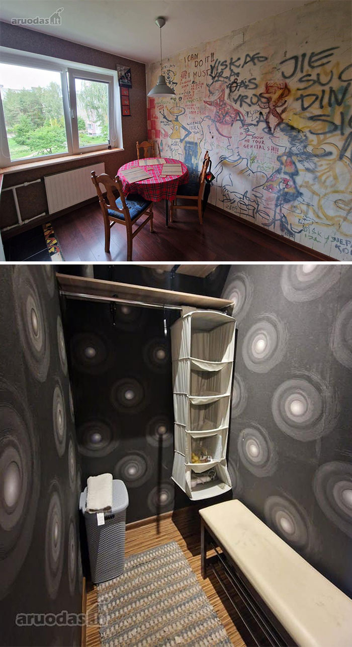 Dining area with graffiti-covered walls and a small room with dark circular patterned wallpaper in wild real estate properties for sale