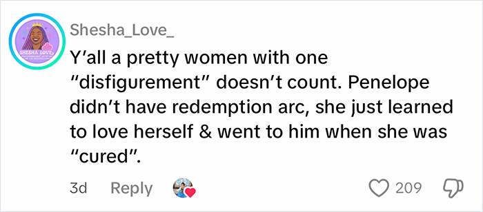 Social media comment discussing beauty standards in fairy tales focusing on human female and male beast characters.