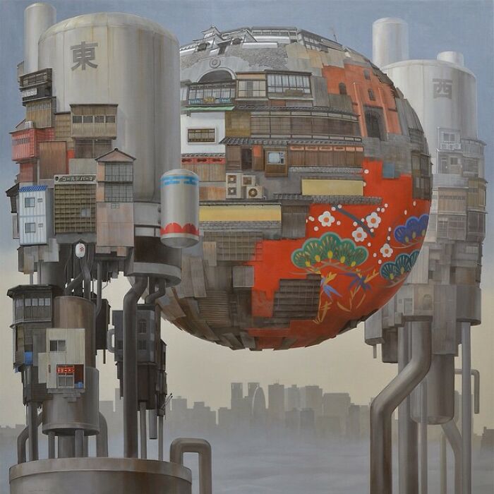 Surreal floating spheres composed of post-apocalyptic urban city structures with a misty skyline in the background.