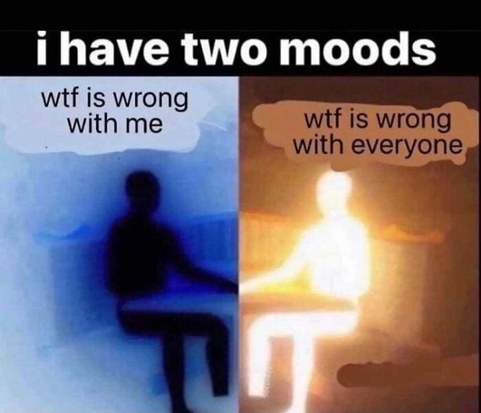 Two figures, one dark and one light, with text expressing opposite moods, reflecting relatable meme humor.