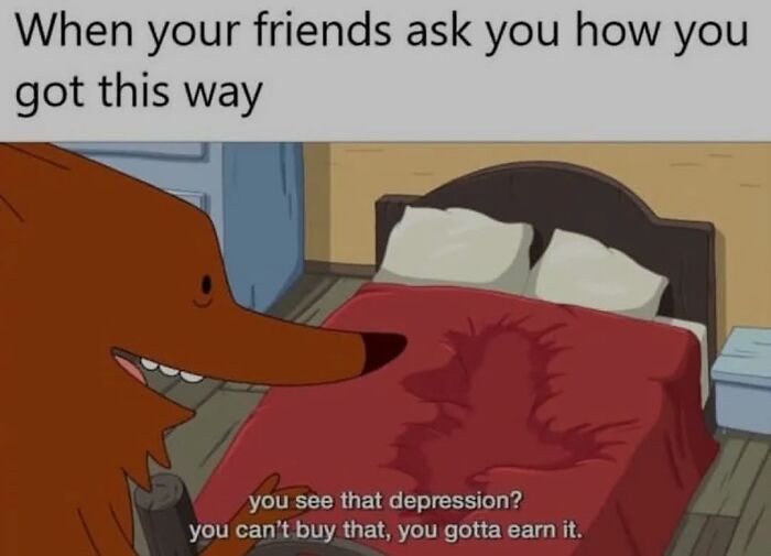 Cartoon character with a snout humorously reflecting on life in a relatable meme about freedom.