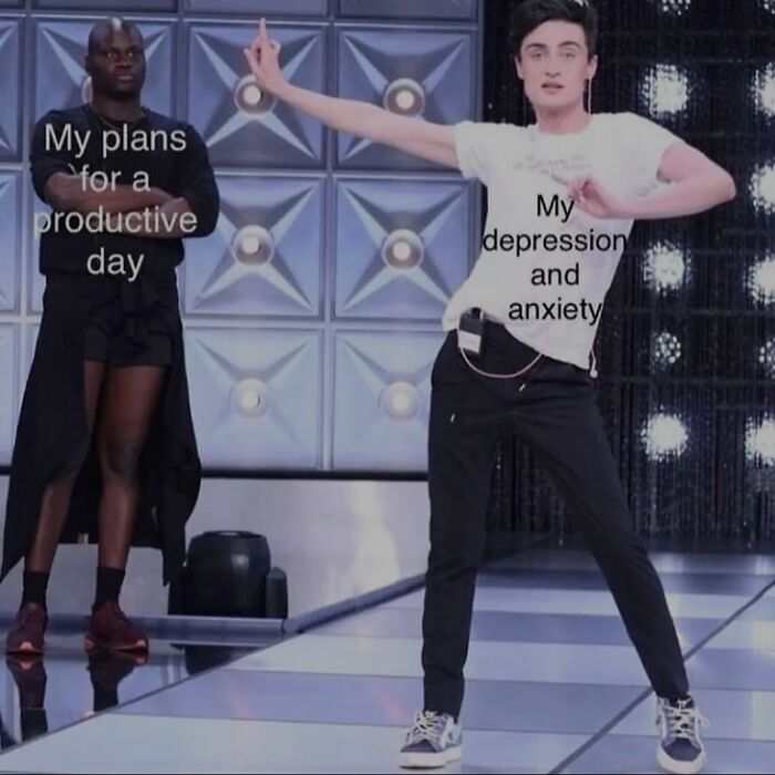 Dancer humorously depicting depression and anxiety versus plans for a productive day; a relatable meme moment.