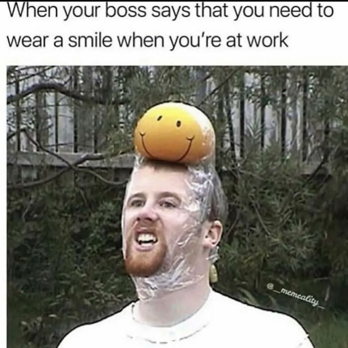 Man with a smiley balloon on his head wrapped in plastic, a humorous and relatable meme.