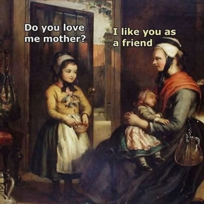 Child asking mother a question; humorous meme reflecting relatable family dynamics.