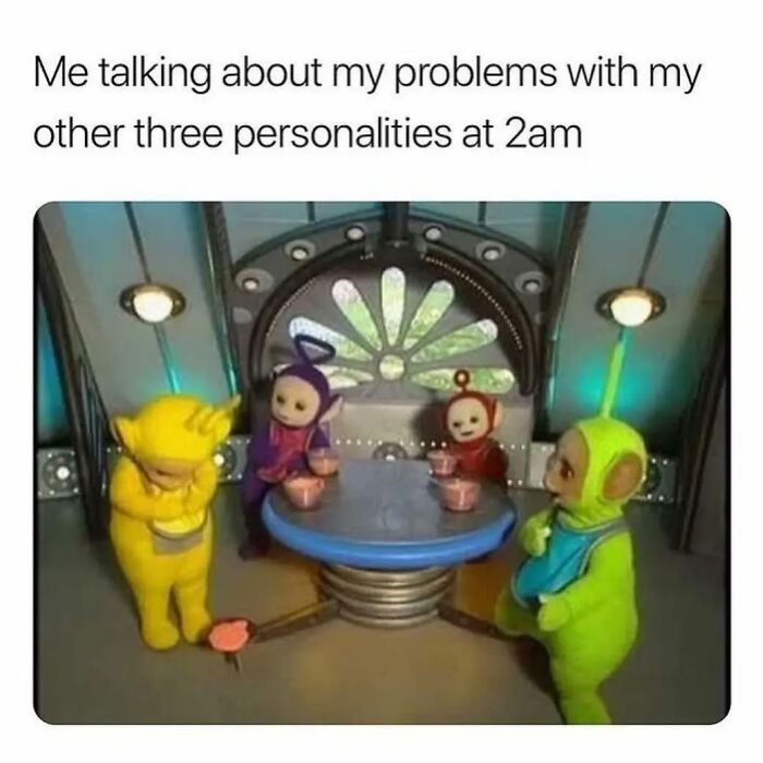 Toy characters in a space setting, illustrating relatable memes about late-night self-talk.