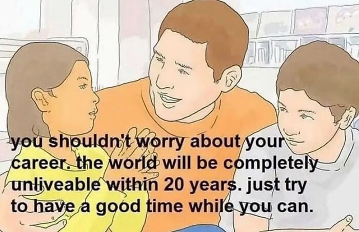 A dad shares a humorous meme about career worries, advising to enjoy life.
