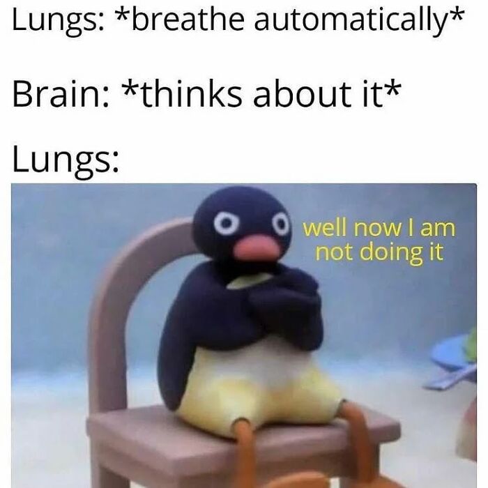 Penguin meme with text about lungs breathing and brain overthinking, illustrating a relatable moment.