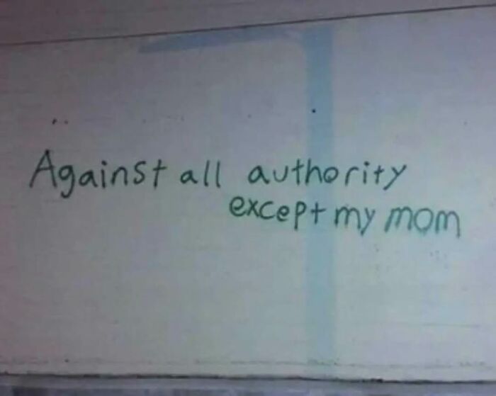 Graffiti saying "Against all authority except my mom" on a white wall, reflecting a relatable and unhinged meme theme.