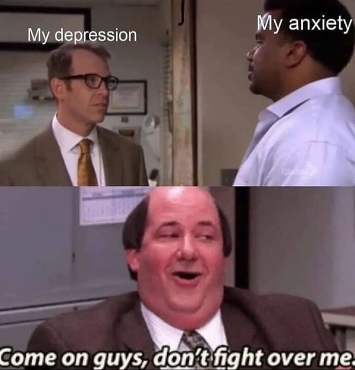 Two men labeled "My depression" and "My anxiety" face each other; below, a man smiles with text about not fighting over him.