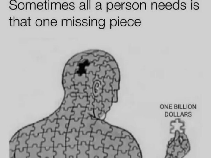 Person made of puzzle pieces with a missing piece labeled "One Billion Dollars," highlighting relatable memes.
